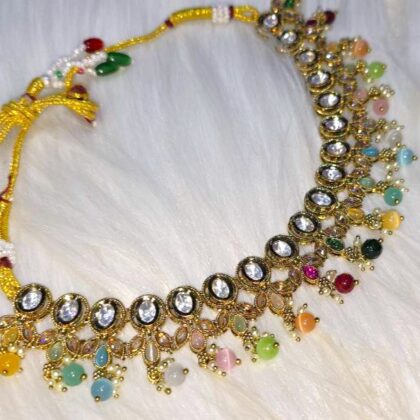 Oval Floral Delight Mehandi Plated Reverse AD Long Necklace Set