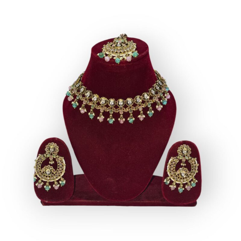Oval Floral Delight Mehandi Plated Reverse AD Long Necklace Set - Image 9
