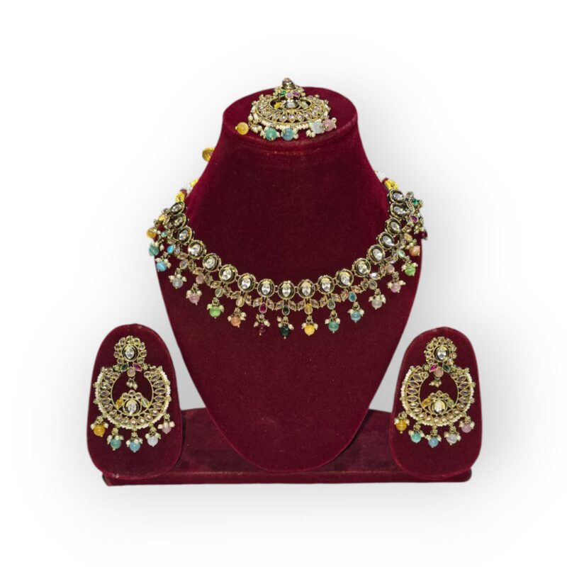 Oval Floral Delight Mehandi Plated Reverse AD Long Necklace Set - Image 4