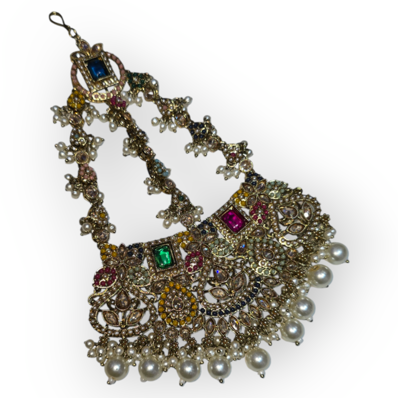Gold Tone Kundan Choker Necklace Earring Maangtikka & Passa For Women - Image 5