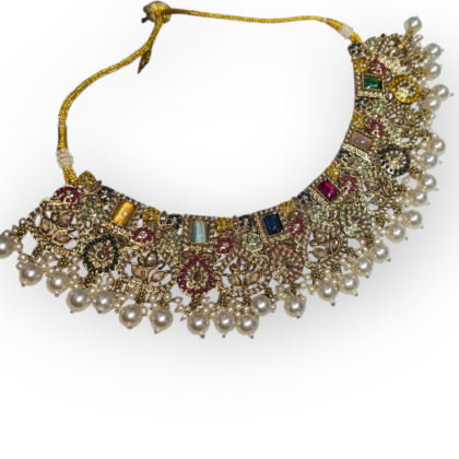 Gold Tone Kundan Choker Necklace Earring Maangtikka & Passa For Women