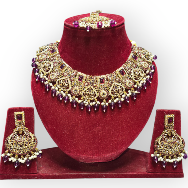 Gold Tone Kundan Choker Necklace Earring Maangtikka & Passa For Women - Image 8