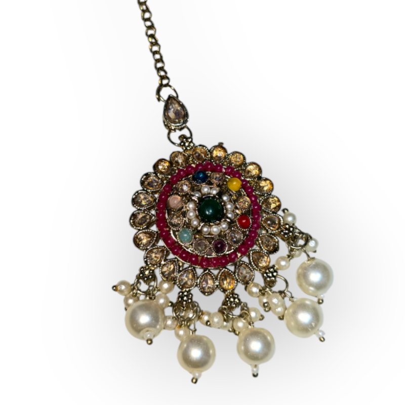 Gold Plated Polki Revers ad Traditional Layering Necklace Set with Earrings & Maang Tikka Jewellery Set - Image 2