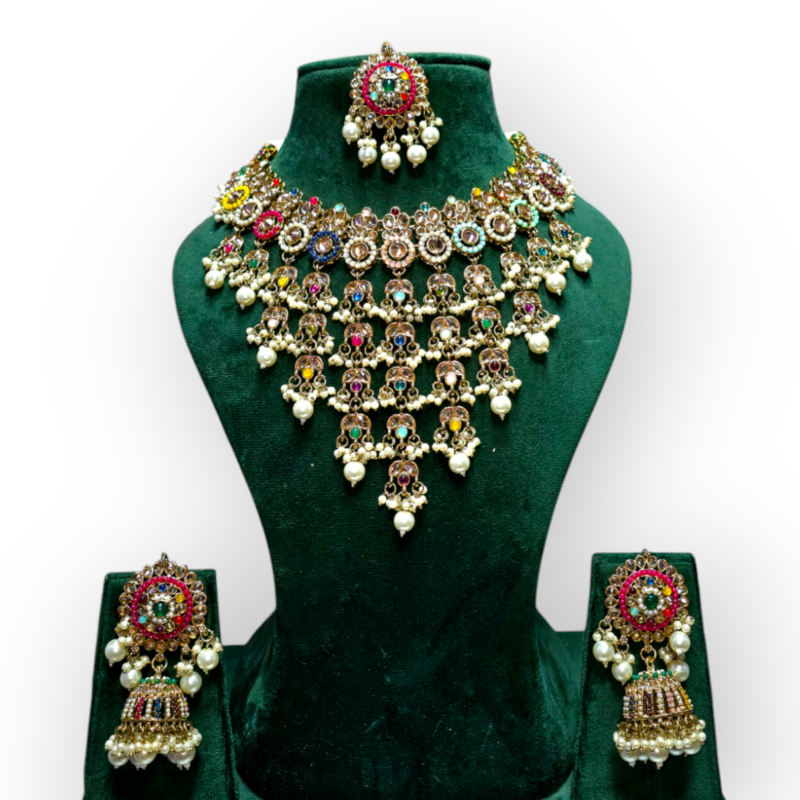 Gold Plated Polki Revers ad Traditional Layering Necklace Set with Earrings & Maang Tikka Jewellery Set - Image 4