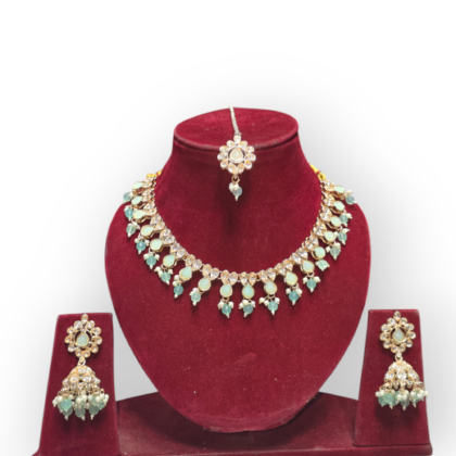 Gold Plated Polki Revers ad Traditional Necklace Set with Earrings & Maang Tikka Jewellery Set