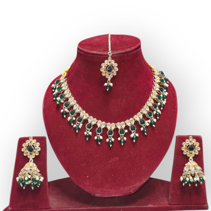 Gold Plated Polki Revers ad Traditional Necklace Set with Earrings & Maang Tikka Jewellery Set - Image 2
