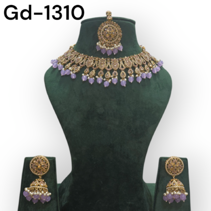 Gold Plated Polki Revers ad Traditional Necklace Set with Earrings & Maang Tikka Jewellery Set