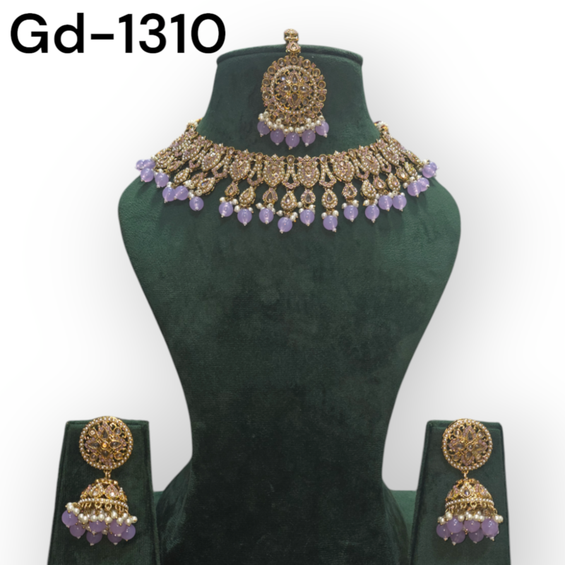 Gold Plated Polki Revers ad Traditional Necklace Set with Earrings & Maang Tikka Jewellery Set