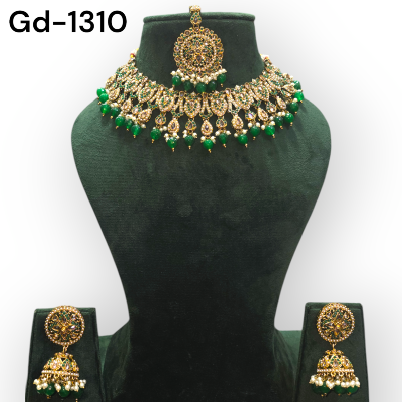 Gold Plated Polki Revers ad Traditional Necklace Set with Earrings & Maang Tikka Jewellery Set - Image 6