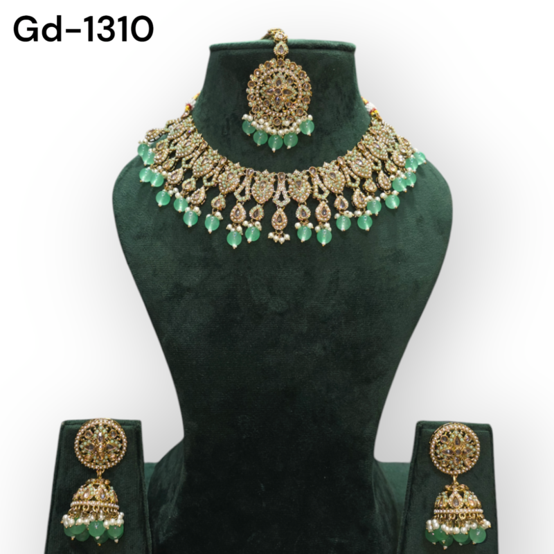 Gold Plated Polki Revers ad Traditional Necklace Set with Earrings & Maang Tikka Jewellery Set - Image 7