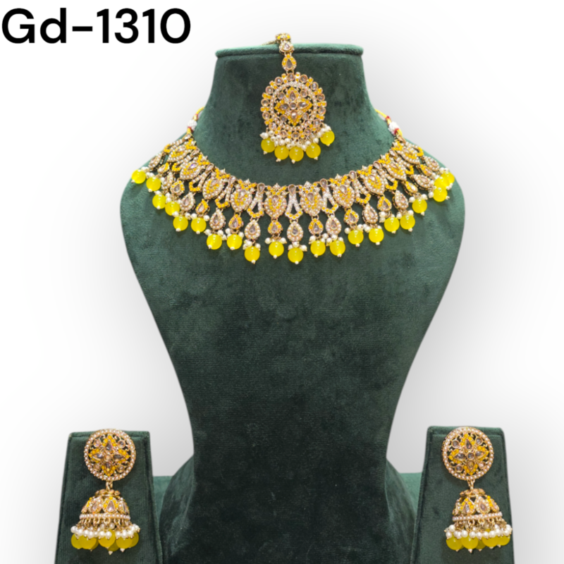 Gold Plated Polki Revers ad Traditional Necklace Set with Earrings & Maang Tikka Jewellery Set - Image 9