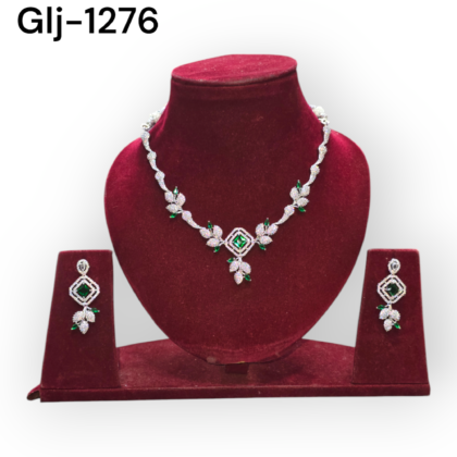 Rhodium-Plated American Diamond Necklace With Earrings Jewellery Set For Girls and Women