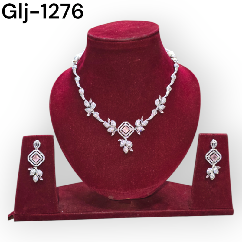 Rhodium-Plated American Diamond Necklace With Earrings Jewellery Set For Girls and Women - Image 4