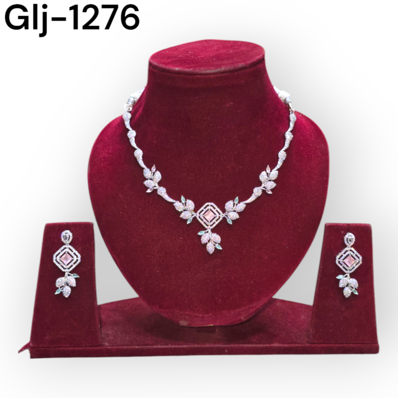 Rhodium-Plated American Diamond Necklace With Earrings Jewellery Set For Girls and Women - Image 2
