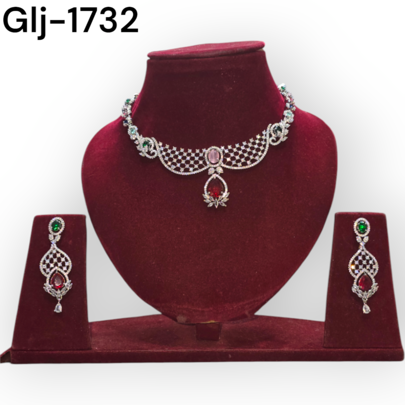 Rhodium-Plated American Diamond Necklace With Earrings Jewellery Set For Girls and Women - Image 3