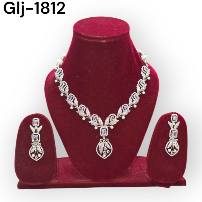 Rhodium-Plated American Diamond Necklace With Earrings Jewellery Set For Girls and Women - Image 3