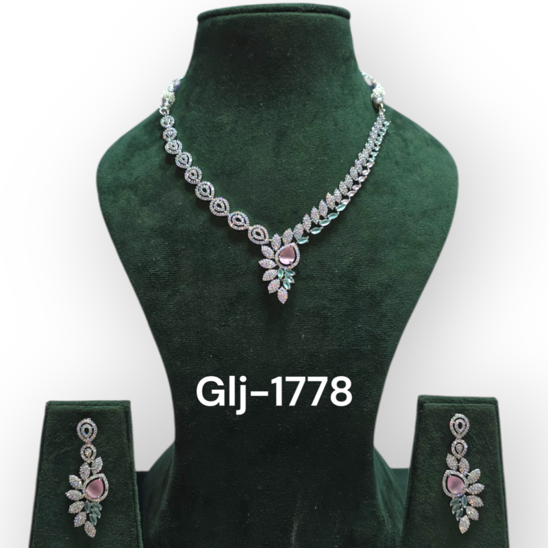 Rhodium-Plated American Diamond Necklace With Earrings Jewellery Set For Girls and Women - Image 2