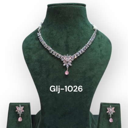 Rhodium-Plated American Diamond Necklace With Earrings Jewellery Set For Girls and Women